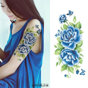 1 kus Body Art Tetovanie Modrá Ruža Rameno Nepremokavé Dočasné Tetovanie Samolepky pre Ženy Muži