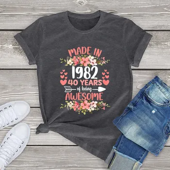 100% Bavlna Vyrobené V roku 1982 Kvetinový 40 ročný 40. Narodeninám Ženy Bežné Kvety T-Shirt Harajuku Tee Módne Letné Tričko