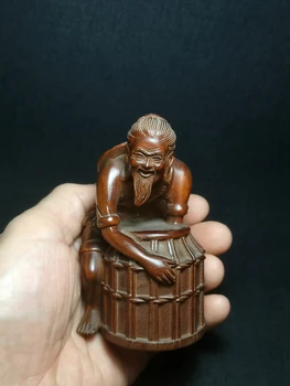 1919 Japonský krušpán ručne vyrezávané starý rybár Obrázok socha netsuke zberateľské Dekorácie, darčeky
