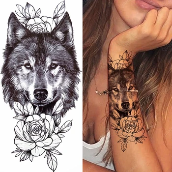 1pc Zvierat Vlk Kvet Ruže Ženy Maiden Nepremokavé Dočasné Tetovanie Falošné Tetovanie Nálepky Rameno Rukávy Cool Umenie Veľké Sexy