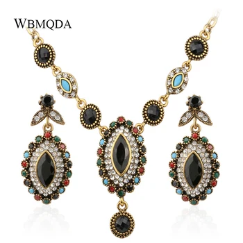 2 Ks/veľa Indické Šperky Sady Vintage Farebné Kameň Zlaté Náušnice, Náhrdelník Etnických Ženy Šperky Bohemian Crystal Príslušenstvo