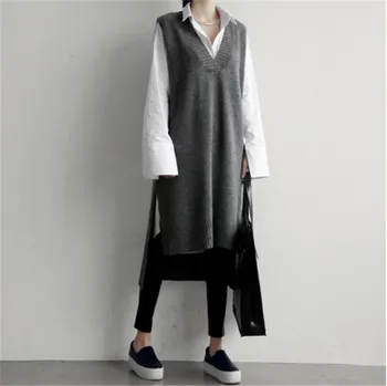 2020 kórejský INY vietor sveter vesta krátke predné a zadné dlhá vesta sukne pletené tvaru pribrala mid-dĺžku sukne svetre