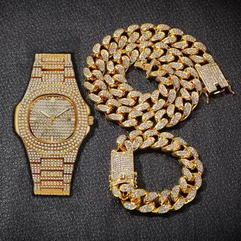 2021 Hodinky pre Mužov, Ženy, Hip Hop Rapper Miami Kubánskeho Reťazca Veľké Zlaté Reťaze Náhrdelník Spevnené Kamienkami Bling Mužov Šperky Set