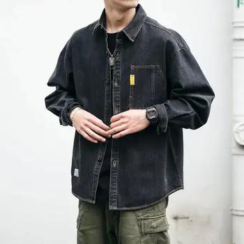 2022 Japonský Streetwear Vysokej Kvality Denim Tričko Kórejský Pracovné Kabáty Mužov Oblečenie Pár Dlhý Rukáv Top Harajuku Oblečenie