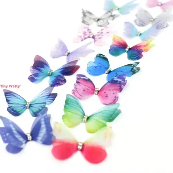 20PCS 3D Organza Motýle w/ Drahokamu Šifón Umelé Motýľ Appliques pre Detské Vlasy Príslušenstvo, Party Dekorácie
