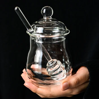 250ml Sklo Med Jar Vysokej Borosilikátového Skla Honey Pot s Dipper Lyžičkou Malé Kuchynské Skladovanie Jar Nádoba na Med, Sirup