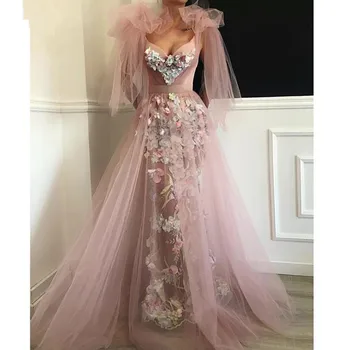 3D Kvet Prom Šaty 2020 Čipky Nášivka Prašnom Pink Elegantné Prom Šaty Formálne Šaty Župan de soiree vestido de festa casamento