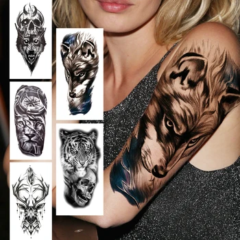 3D Realistické Vlk Dočasné Tetovanie Pre Ženy, Mužov Dospelých Tiger Lebky Jeleňa Šperky Tetovanie Nálepka Lev Black Falošné Zvierat Tatoos