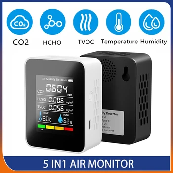 5 in1 Vzduchu Monitor CO2 Oxid Uhličitý Detektor Skladu Kvality Vzduchu Teplota Vlhkosť TVOC HCHO Monitor Meranie Meter