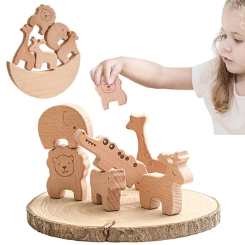 6 KS Deti Montessori Drevené Zvierat Rovnováhu Bloky Doskové Hry, Hračky Vzdelávacie Stohovanie stavebným Drevené Hračky Pre Deti