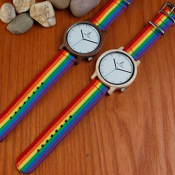 ALKA Rainbow Drevené Hodinky NOVÉ LGBT Pride náramkové hodinky prírodné Drevo Quartz Hodinky Módne Rainbow Nylon Plátno Bežné Hodiny