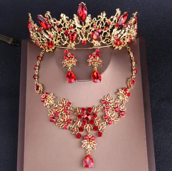 Barokový Vintage Zlatá, Červená Farba Crystal Svadobné Šperky Sady Drahokamu Tiaras Koruny Choker Náhrdelníky Náušnice Svadobných Doplnkov