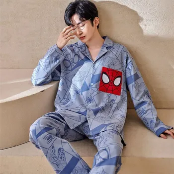 Bavlnené Pyžamo Set Pre Mužov Pár Dlhý Rukáv Sleepwear 2022 Anime Pijama Mujer Spider Tlač Domov Handričku Pre Mladý Muž Odev