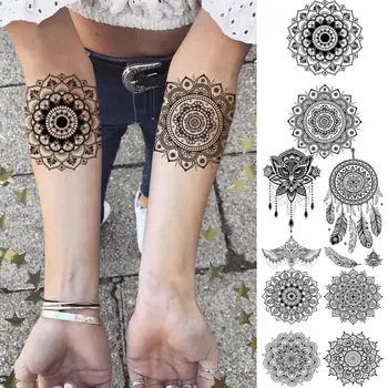 Black Mandala Predlaktie Dočasné Tetovanie Pre Ženy, Dospelých Dievča Dream Catcher Sova Prívesok Falošné Tetovanie Na Krku Body Art Umývateľný Tatoos