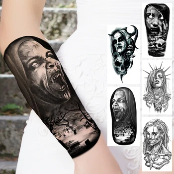 Black Upír Dočasné Tetovanie Pre Ženy, Dievčatá Realistické Strašidelné Lebky Halloween Nepremokavé Tetovanie Sexy Predlaktie Telo Tatoos 3D