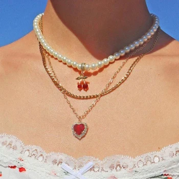 Boho Krištáľové Srdce Cherry Pearl Korálkový Náhrdelník Pre Ženy Vintage Barokový Choker Viacvrstvových Náhrdelníky, Módne Šperky Nový Trend