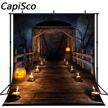 Capisco Full Moon Nočné Hviezdne Nebo Halloween Pozadí Drevený Most Lebky Sviečkach Tekvica Svietidlá Deti Foto Pozadie