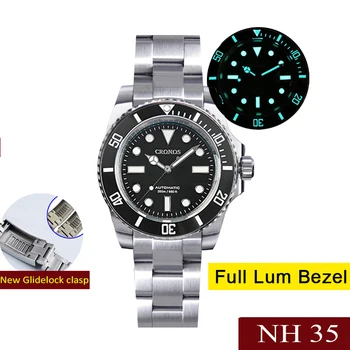 Cronos 40 mm Vody Ghost Sub Diver Luxusné Mužov Sledovať NH35 Automatické Mechanické Obchodné náramkové hodinky Sapphire 20Bar Svetelný
