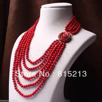 ddh0023 6-7mm červený korál perličiek korálkové multi 5 riadok vyrezávané ruže kvet náhrdelníky prírodné Luxusné Pani dievča CZ Kryštálmi kamenné skvosty