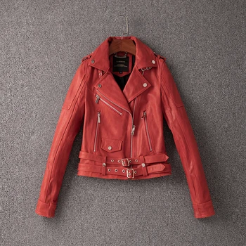 Doprava zadarmo.Ženy krátke originálne Kožené bundy.Motor biker slim kožený kabát.Červené akostné opálená ovčej kožené oblečenie.