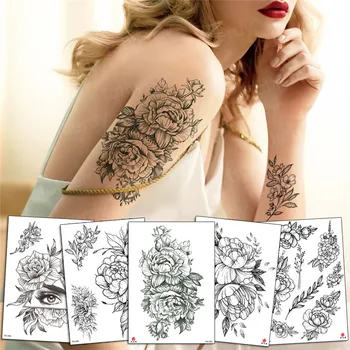 dočasné tetovanie nálepky ruže kvet pivónia kreslenie sexy tetovanie pre ženy black henna skice vzory tetovanie nepremokavé veľká veľkosť