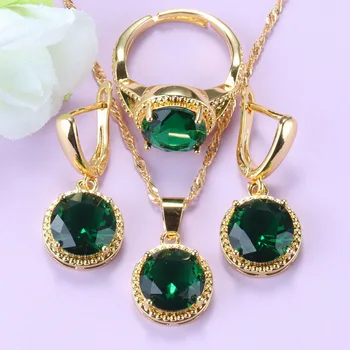 Dubaj Zlatá Farba Šperky Sady Kolo Zeleným Zirkónom Trendy Kostým Náušnice, Náhrdelník Aj Prívesok, Prsteň Súpravy Pre Ženy, Svadobné