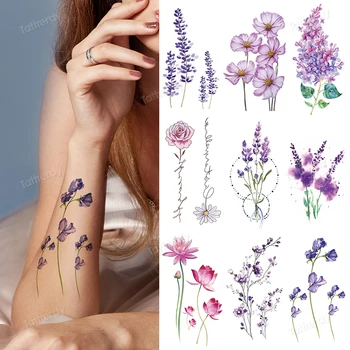 Fialové Kvety Rastlín Motýľa Vzor Strane Ramena Nepremokavé Tetovanie Body Art Dočasné Tetovanie Samolepky pre Ženy, Deti, Dievčatá, make-up