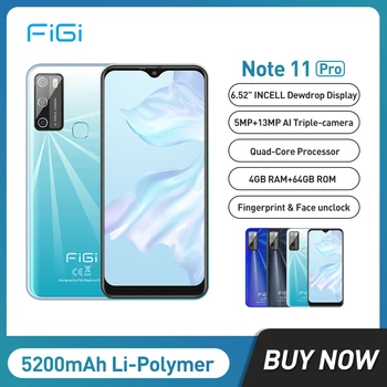 FIGI Poznámka 11 Pro Android 11 Quad-Core Smartphone, 4 GB 64 GB 6.52 Palcový Mobilný Telefón MTK6762 5200mAh mobilné telefóny 13MP Triple Kamery