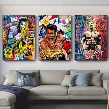 Graffiti Art Box Muhammad Ali, Mike Tyson Portrét Plagát Plátno Na Maľovanie Boxer Legenda Motivačný Stene Obraz Domova