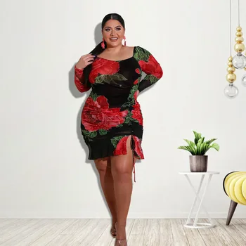 HAOOHU XL-5XL Plus Veľkosť Oblečenie Žien 2021 Letný Kvetinový Tlač Sexy Šaty s Dlhým Rukávom Šnúrkou Bodycon Mini Šaty Urban