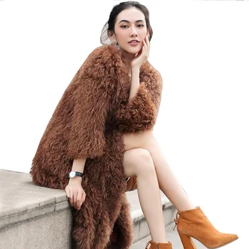 Harppihop pletené mongolskej ovčie kožušiny kabát bunda, kabát ruských žien zime teplé kožušiny kabát outwear dlhšie štýl 4 farby