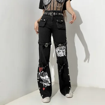 Hippie Džínsy Komické Tlač Punk Nohavice Grunge kórejské Oblečenie Móda Rovno Ženy Streetwear Y2k Gotický Estetické 90. rokov
