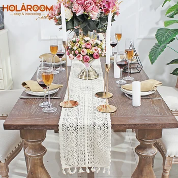 Holaroom Béžová Háčkované Čipky Stôl Runner s Strapec Bavlna Svadobné Dekor Duté Obrus Nordic Tabuľka Kryt Posteľ Pretekárov