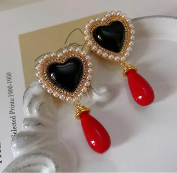 in farba lásky pearl náušnice žien retro prehnané kontrast drahokam prívesok high-end červené srdce vintage classic šperky