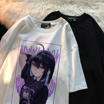 Japonské Anime Girl Vytlačené Hip Hop Nadrozmerné T-shirt Harajuku Letné Krátke Rukávy Ženy Tričko Fashion Y2k Šaty, Topy Tees