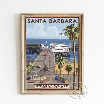 Kalifornia Cestovné Scénické Spot, Reklamný Plagát, Santa Barbara Krajiny Publicity Ilustrácia, Sterns Wharf Umenie Výtlačkov Dekor