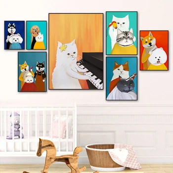 Karikatúra Roztomilý Mačka Moderné Plagáty Zábavné Psa Účes Vytlačí Plátno na Maľovanie na Stenu Obrázok Pre Obývacej Izbe, detskej Spálne Domova