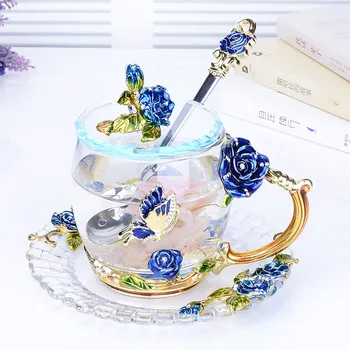 Kreatívne Modrá Ruža Smalt Crystal Šálku Čaju Kávy Hrnček Motýľ Rose Maľované Kvet Vody Poháre Číre Sklo s Lyžica Set