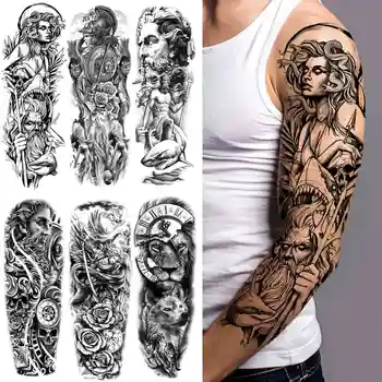 Lebka Bojovník Dočasné Tetovanie Rukávom Pre Mužov, Ženy, Dospelých Realistické Falošné Kvet Tetovanie Nálepky Black Lion Vojak Veľké Tatoos