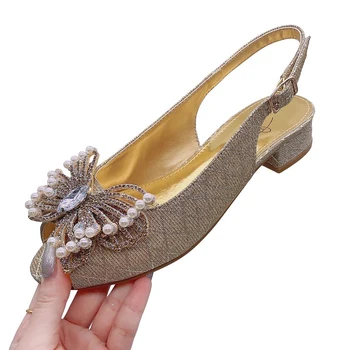 Lesk Nízke Podpätky Sandále Pearl Motýľ Ženy Sandále Letné Topánky Pohodlné dámske Čerpadlá Byt s Plus Veľkosť Lady Sandál