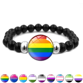 LGBT Rainbow Modul Tlačidlo Náramok Vintage Šperky Gay Lesbickej Hrdosti Čierne Korálkové Náramky pre Ženy, Mužov Milovníkov Darček