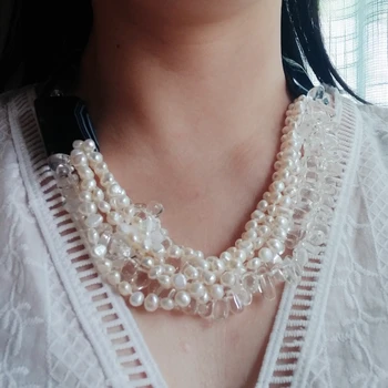 Lii JI Skutočný Kameň Čierny Achát Pearl Quartz Náhrdelník Vyhlásenie Veľký Náhrdelník 56 cm Ženy Šperky Strany Darček