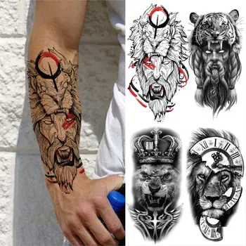 Lion King Diabol Dočasné Tetovanie Pre Mužov, Ženy Realistické Tiger Demon Kompas Koruny Falošné Tetovanie Vody Prenos Body Art Tatoos