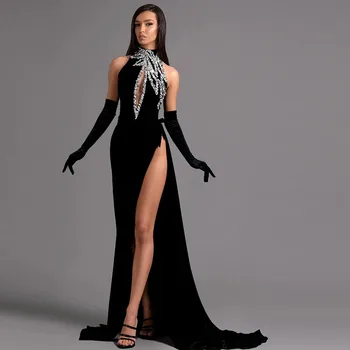 Lištovanie Morská víla Večerné Šaty 2023 Luxusný Sexy Čierne O-Krku guľové Šaty Elegantné Bočné Split Satin Party Šaty šaty de soirée