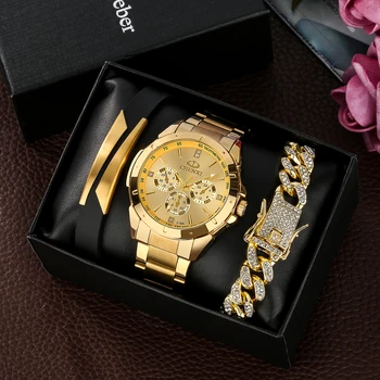 Luxusný Premium pánske Zlaté Hodinky Set s škatule Plné Ocele, Quartz Hodinky pre Mužov Luxusné Náramky Vianočné Darčeky pre Manžela