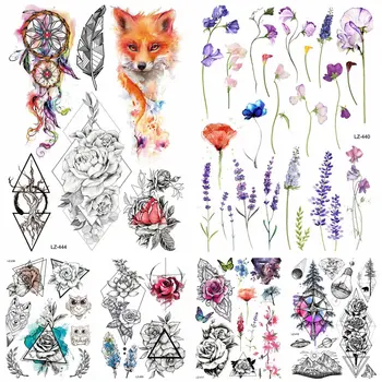 Malé Kvetinové Dočasné Tetovanie Pre Ženy, Dievčatá Dasiy Lily Kvet Kvet Akvarel Fox Dreamcatcher Falošné Tetovanie Nálepky Papier
