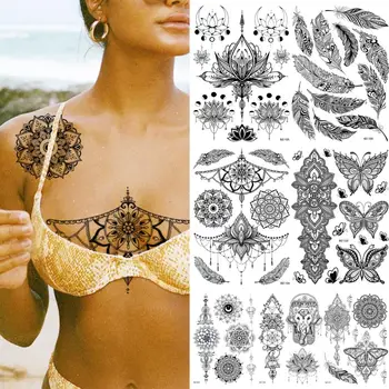 Mandala Henna Dočasné Tetovanie Pre Ženy, Dievčatá Underboob Motýľ Slon Prívesok Falošné Tetovanie Nálepky Telo Tatoos Tribal