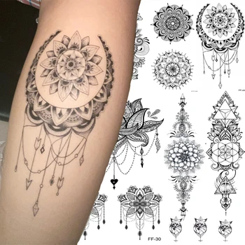 Mandala Kvet Nepremokavé Dočasné Tetovanie Nálepky DIY Black Veľké Kvetinové Body Art Vody Prenos Falošné Tetovanie Ženy 1PCS