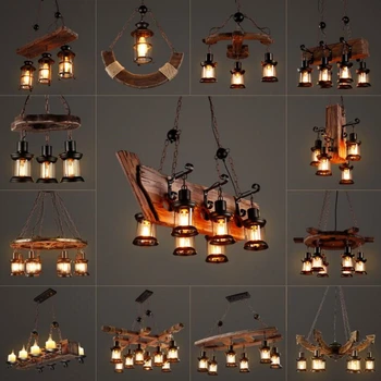 Masívne Drevo lesk Vintage Luster Osvetlenie lustre pozastavenie Kávy Spálni, Osvetlenie, Žehlička+Drevené Lampa pre loft dekor