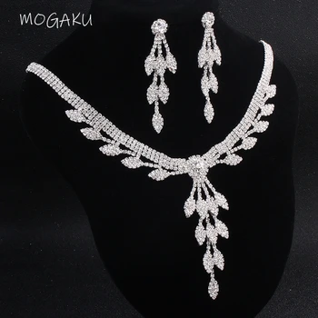 MOGAKU Crystal Silver Farba Listov Náhrdelníky Náušnice Šperky Sady pre Ženy, Spoločenské Šaty, Doplnky, Svadobné Luxusné Šperky Darček